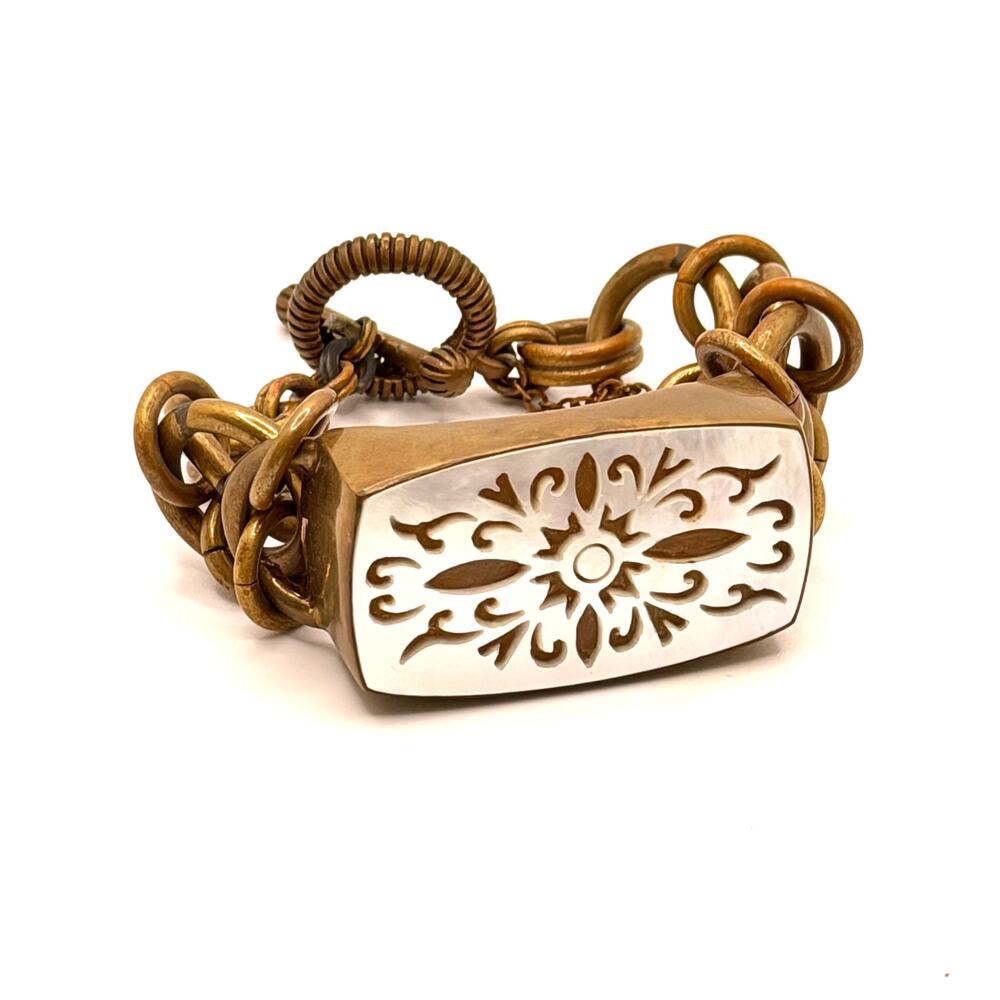 Vintage 90s Signed Stephen Dweck Gold Mother of Pearl Link Toggle Bracelet